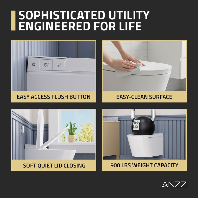 ANZZI Wall-Hung Toilet with Heated Seat, Auto Flush, Remote Control & Night Light, White