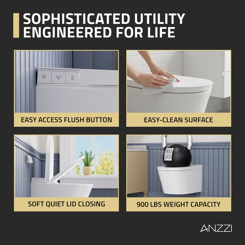 ANZZI Smart Wall-Hung Bidet Toilet with Auto Lid, Heated Seat, Dryer & Remote Control, White