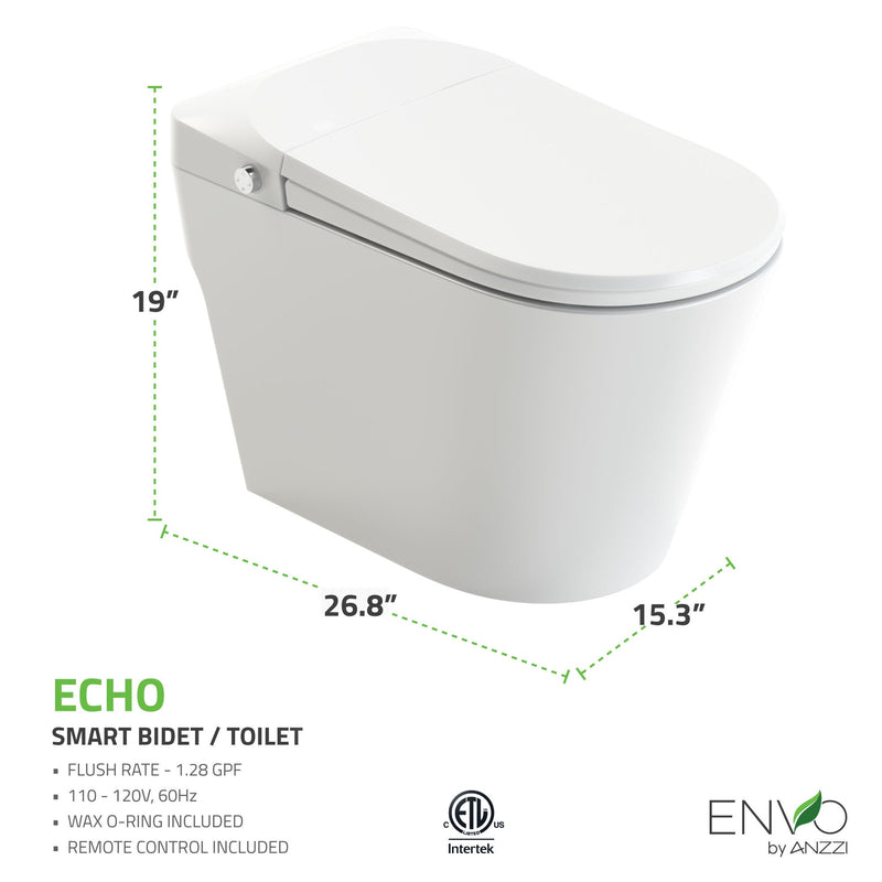 ANZZI ENVO Echo Smart Bidet Toilet, 1.28 GPF, Touchless with UV Nozzle Sterilization
