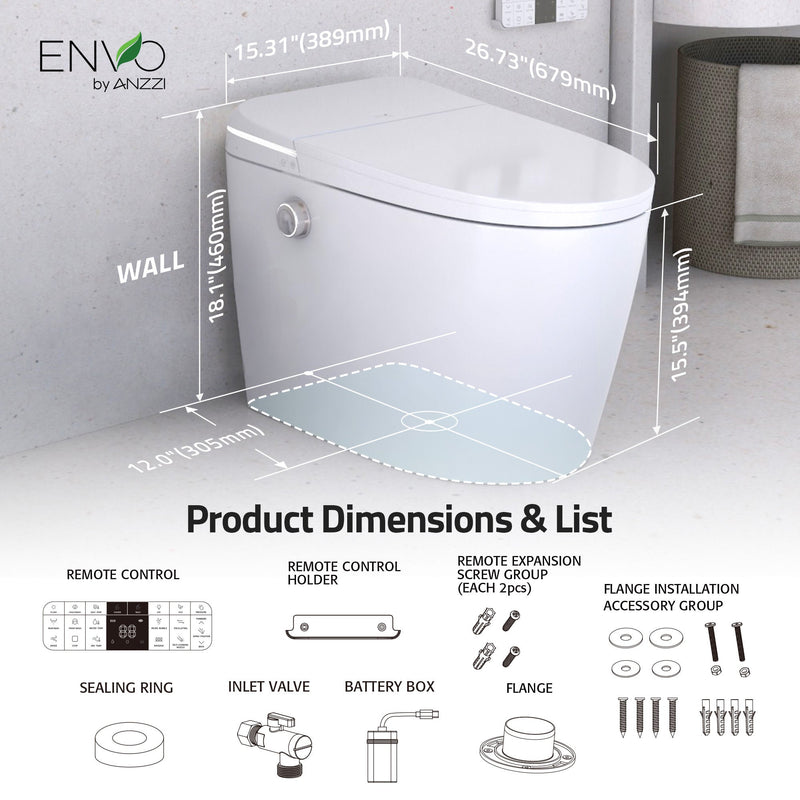 ANZZI ENVO Dia Smart Bidet Toilet, 1.28 GPF, Auto Open, Heated Seat & Foot Sensor, White