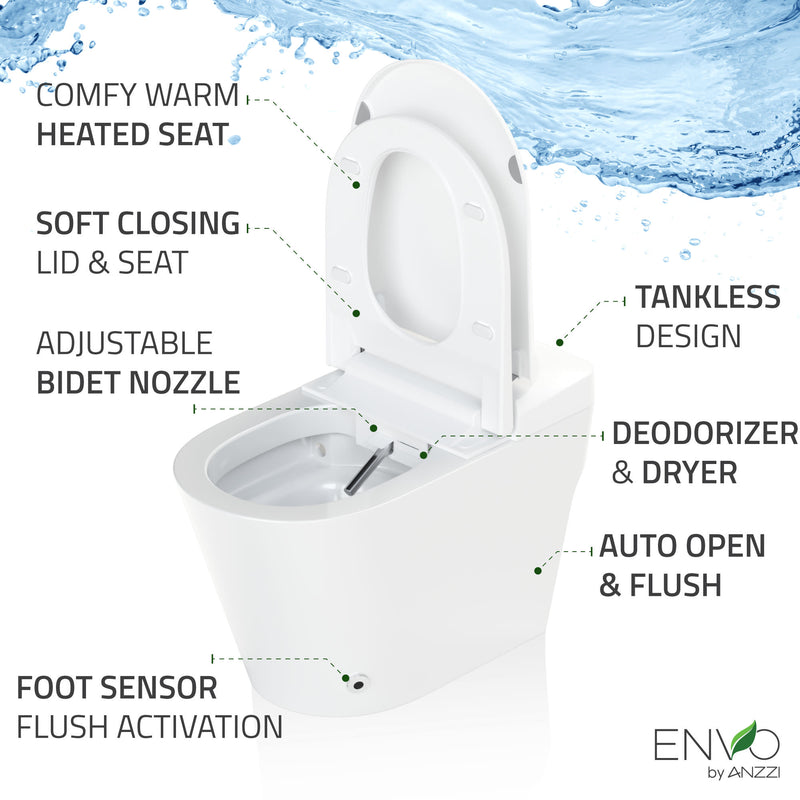 ANZZI ENVO Echo Smart Bidet Toilet, 1.28 GPF, Touchless with UV Nozzle Sterilization