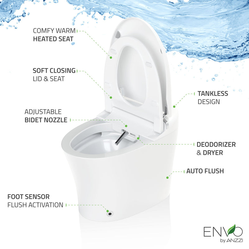 ANZZI ENVO Aura Smart Bidet Toilet, 1.28 GPF, with Remote, Auto Flush & Heated Seat, White