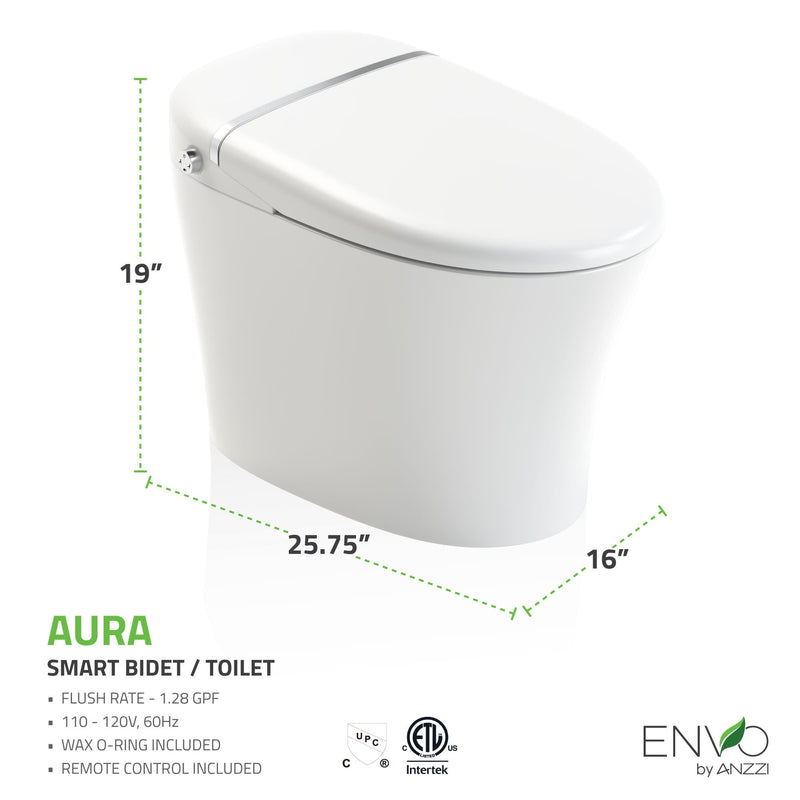 ANZZI ENVO Aura Smart Bidet Toilet, 1.28 GPF, with Remote, Auto Flush & Heated Seat, White